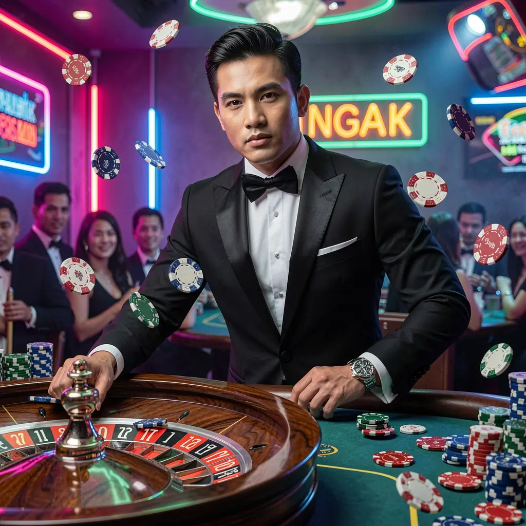 FFFPH – Join immersive live casino tables made for Filipino players Stylish casino dealer standing in the center of a glowing roulette wheel with flying chips representing the premium live casino experience at FFFPH for players in the Philippines
