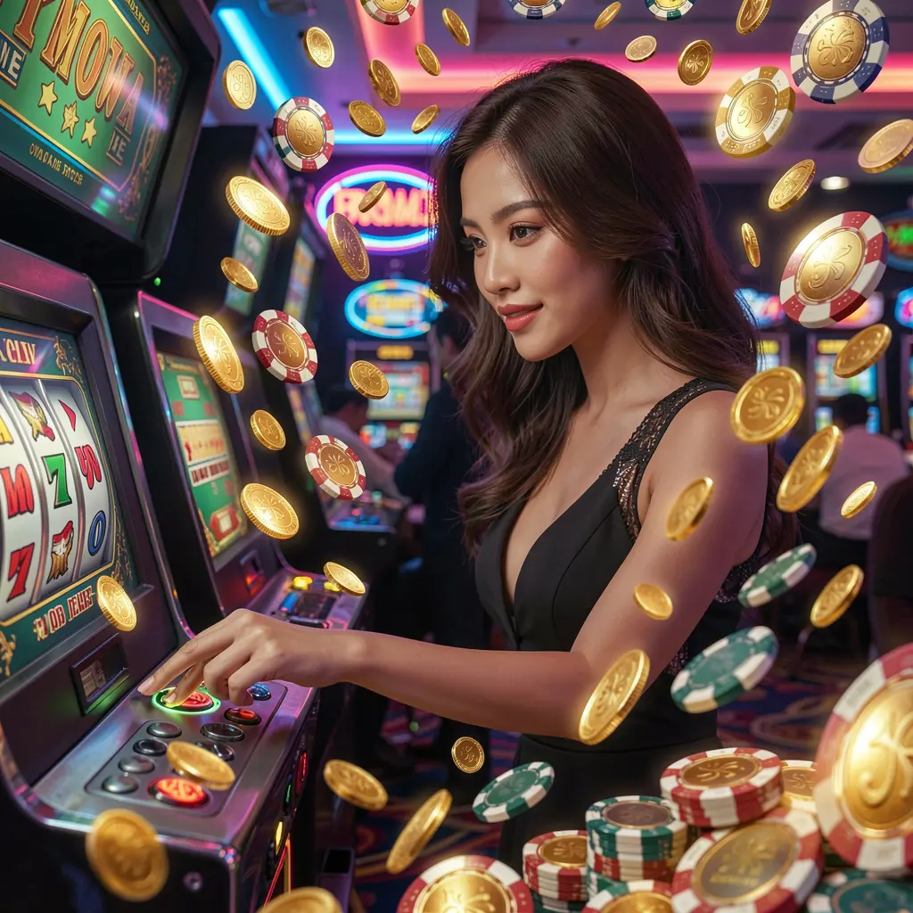 FFFPH – Experience thrilling slot action with rewarding moments in the Philippines Elegant Filipino woman enjoying high energy slot gameplay with falling gold coins at FFFPH online casino in the Philippines